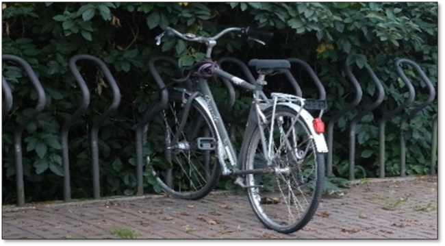 Foto som viser en sykkel parkert ved en lange rekker av «Publicus» stativer, som er blant de mest vanlige sykkelstativene i Norge. Stativene er laget av et metallrør som er bøyd slik at det former to parallelle linjer i en salgs S-form. Selv om disse kan være plasseffektive, er de lite egnet for større sykler, og sykler med tilbehør som kurv og frontbærer.