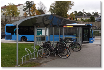 viser flere sykler parkert til Publicus stativer, plassert under et overbygget tak