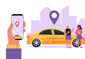 Figur av to personer utenfor en personbil. De to har mobiltelefoner som viser veg til hvor de kan hente den lånte bilen. Figuren promoterer bildeling.