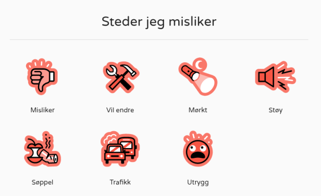 Figur 2 best&aring;r av fire oversikter over ulike symboler som barna bruke n&aring;r de skal registrere aktiviteter. Det fins symboler over ulike transportmidler, steder de liker, steder de misliker, og symboler for registrering av aktiviteter