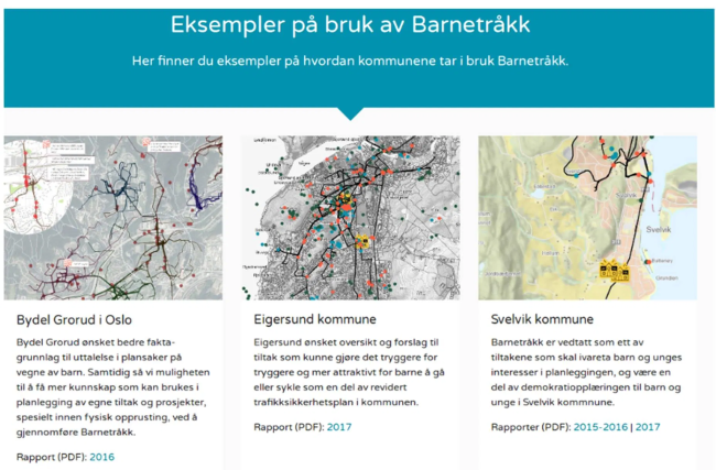 Figuren viser tre eksempler p&aring; bruk av Barnetr&aring;kk. Kartutsnitt med symboler fra henholdsvis Grorud i Oslo, Eigersund kommune og Svelvik kommune.