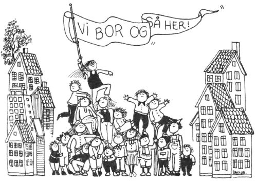 Illustrasjon av mange barn som holder et banner med «Vi bor også her».