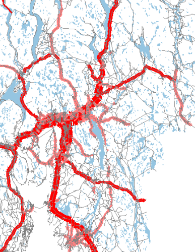 Kart som viser analyse av transportstrømmer.  Strømmene er markert med rødt, og blir tykkere mot sentrum av strømmen.