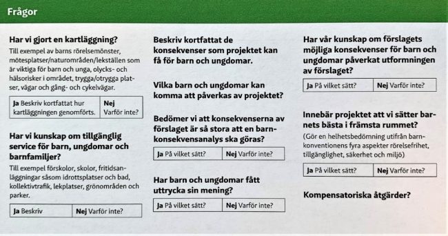 Figuren viser et utsnitt av spørsmål stilt i en Svensk sjekkliste for planer som omhandler barn