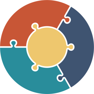 Logoen til tettstedspakker.Figuren viser en sirkel som er formet som et puslespill.