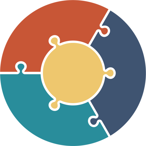 Logoen til tettstedspakker.Figuren viser en sirkel som er formet som et puslespill.