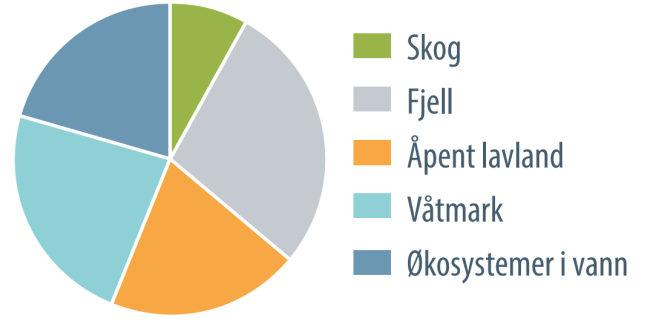 Kakediagram (ca-verdier): Skog 10%, Fjell (25%+), &Aring;pent lavland (20%), V&aring;tmark (25%-), &Oslash;kosystemer i vann (20%)