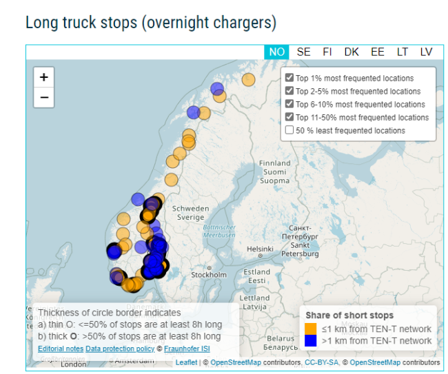 Figuren viser et kart over Norge der d&oslash;gnhvileplassene for lastebiler i langtransport er markert. Figuren viser de 50% d&oslash;gnhvileplassene som er mest brukt. En stor andel av hvileplassene ligger mindre enn 1 kilometer fra TEN-T vegnettet (deler av europavegnettet). Det er ogs&aring; markert plasseringen p&aring; de d&oslash;gnhvileplassene der lastebilene i snitt har en hvile p&aring; over 8 timer. Dette er hovedsakelig n&aelig;r de store byene, og p&aring; strekningen Oslo-Trondheim, Oslo- Bergen, og Oslo-Kristiansand.