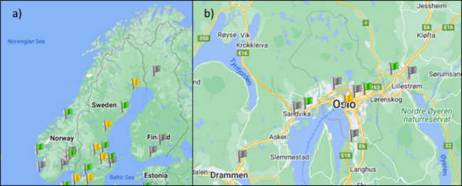 Figuren viser to kartutsnitt, et for Norge, Sverige og Finland, og et annet for Stor-Oslo. N&aring;v&aelig;rende og planlagte fyllestasjoner for hydrogen er markert med gr&oslash;nne flagg p&aring; kartet, gule flagg markerer planlagte fyllestasjoner. Dagens fyllestasjoner ligger hovedsakelig rundt Oslo, samt at det fins en i Trondheim og en i Bergen der utbyggingen har startet.