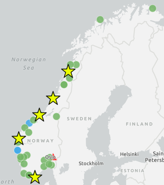 Figuren viser et norgeskart der produksjonssteder for hydrogen er markert med gr&oslash;nne sirkler. De fleste produksjonsanleggene ligger p&aring; &Oslash;stlandet, og langs kysten opp til Bod&oslash;