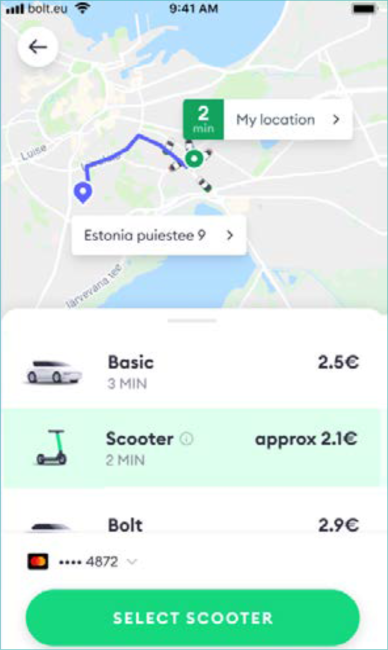 Figuren viser et kart over reiseruten og kostnad for reisen med ulike transportmidler.