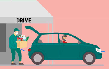 Bilde av en kunde som er i bilen sin på en "drive" der en ansatt leverer bestillingen i bagasjerommet.