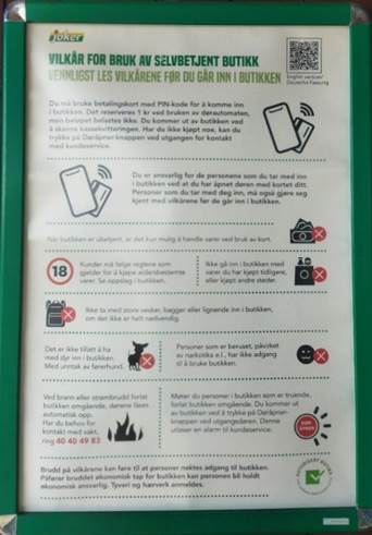 Foto av en plakat plassert foran butikken Joker Tunhovd med vilkår for bruk av selvbetjent butikk.