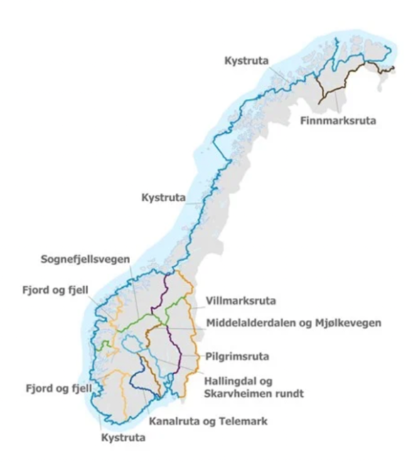Figuren viser et norgeskart der de nasjonale sykkelrutene er tegnet inn.