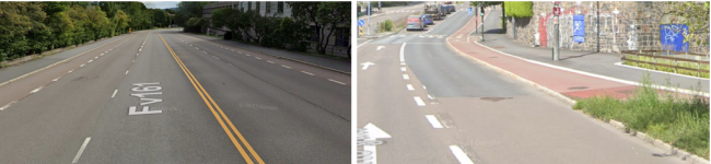 Her er det to fotoer som viser eksempler p&aring; et r&oslash;dt sykkelfelt langs kj&oslash;refelt.