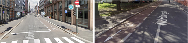 Figuren viser to foto av enveisregulerte gater som har r&oslash;de sykkelfelt p&aring; en eller begge sider av veien.