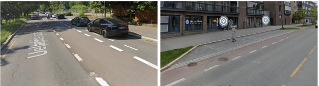 : Figuren viser to fotoer av ulike l&oslash;sninger av sykkelfelt i veier med gateparkering.