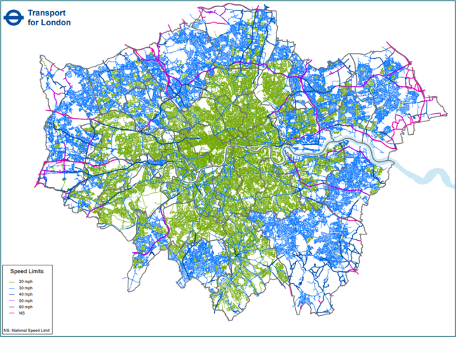Figuren viser et kartutslitt over London. De ulike farktsgensene p&aring; veiene er markert.