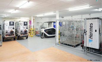 nabolagshub i Hamburg. Bildet viser hubben innvendig, hvor man bl.a. kan se tre lastesykler.