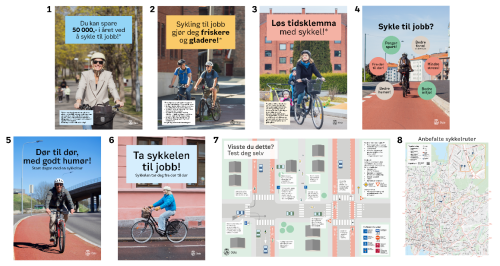 En oversikt over ulike plakater med inspirerende og informativt budskap som kan benyttes p&aring; arbeidsplasser. Bildene viser ulike mennesker p&aring; sykkel med tekster som &laquo;Du kan spare 50 000,- i &aring;ret ved &aring; sykle til jobb&raquo;, &laquo;L&oslash;s tidsklemma med sykkel&raquo; og &laquo;D&oslash;r til d&oslash;r med godt hum&oslash;r&raquo;, samt sykkelkart og plakat med trafikkregler. 