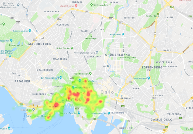 Figuren viser to bilder med kart over Oslo sentrum og indre by. Omr&aring;dene som er omtalt er vist med lysegr&oslash;nne, gule og r&oslash;de felt p&aring; et gr&aring;tt kart. Vi ser at varebilen dekker et omr&aring;de i indre by vest som er st&oslash;rre og mer fragmentert enn sykkelens omr&aring;de i sentrum. &nbsp;Nederst til venstre p&aring; begge kartene er litt av sj&oslash;en vist med bl&aring;tt.