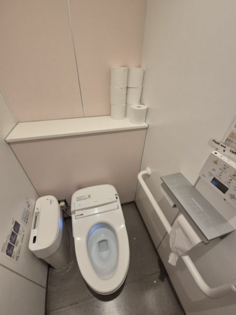 Bildet viser et offentlig toalettrom med et vannklosset, s&oslash;ppelb&oslash;tte, toalettpapirholder med hylle og en st&oslash;rre hylle i bakkant av klosettet. I tillegg er det et h&aring;ndtak til &aring; st&oslash;tte seg p&aring;. Toalettet er rent.
